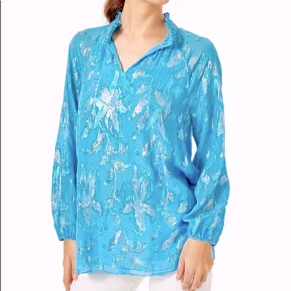 Lilly Pulitzer Galiana Silk Top Ocean Breeze Multi Floral Multi Clip - Picture 1 of 8